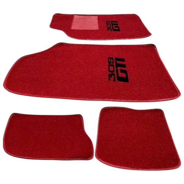 Jeu de 4 Tapis de sol rouge pour Peugeot 309 GTI avec talonnette, neufs.