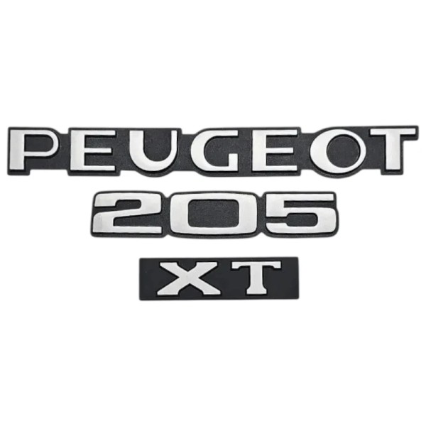 Lot de 3 logos de coffre pour Peugeot 205 XT – badges neufs fond noir lettrage gris double face posé.