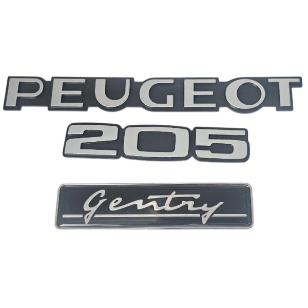 3 Emblèmes de coffre Peugeot 205 GENTRY en ABS – Noir, gris et chrome, refabrication fidèle.