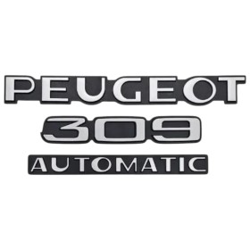 Set 3 badges monogrammes de coffre Peugeot 309 AUTOMATIC – reproduction fidèle – plastique ABS.