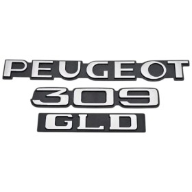 Kit 3 monogrammes logos de coffre Peugeot 309 GLD – refabrication Youngtimersclassic – noir & gris.