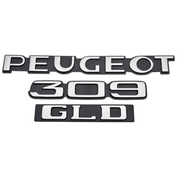 Kit 3 monogrammes logos de coffre Peugeot 309 GLD – refabrication Youngtimersclassic – noir & gris.