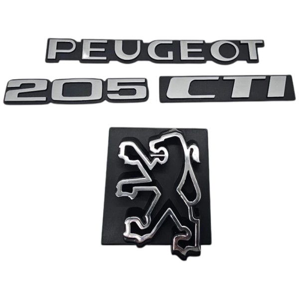 Set de 4 badges : 3 logos de coffre Peugeot 205 CTI et 1 logo lion de calandre