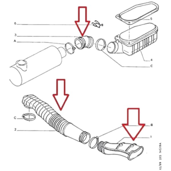 Jeu de 2 Durites + écope d'air (boite à air) pour Peugeot 205 RALLYE 1.3.