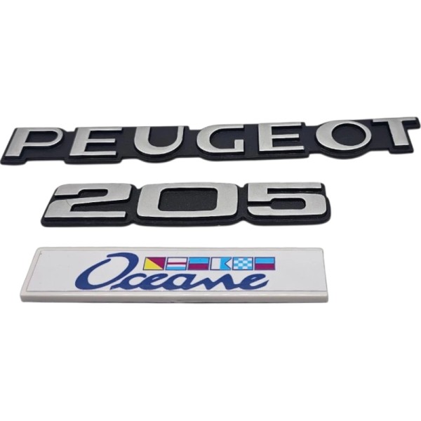 Emblèmes Peugeot 205 OCEANE en ABS – Noir, gris et bleu, refabrication fidèle.
